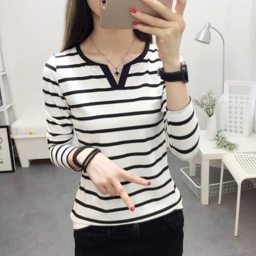Women T-shirts Classic Cotton Striped Color Spring T-Shirt Female V-neck Casual Full Sleeve Tshirt Top