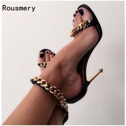 2017 Summer Women Sexy Gold Chains Strappy Open Toe Stiletto Heel Nightclub Party High Heel Sandals Dress Shoes Ladies