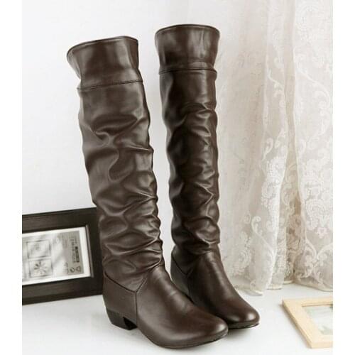 Women Boots Shoes PU Leather Low-heeled High Boots Slip-On Knee-High 3cm Thick High Heels Solid Casual Female Shoes Plus Size
