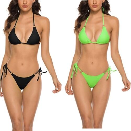 Women Swimsuit Sexy Halter Bandage Bikini Set Solid Two-piece Buckle Bikini Swimwear Swimming Beach Suit Beachwear Biquini 2021