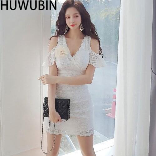 2021 Womens Summer Dress New Korean Celebrity Temperament Slim V-Neck Chic Leaky Shoulder Sexy Bag Hip Lace MIDI Dress