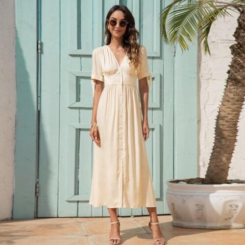 2021 Summer New Fashion V-neck High Waist Cuff Bandage Dress Solid Color