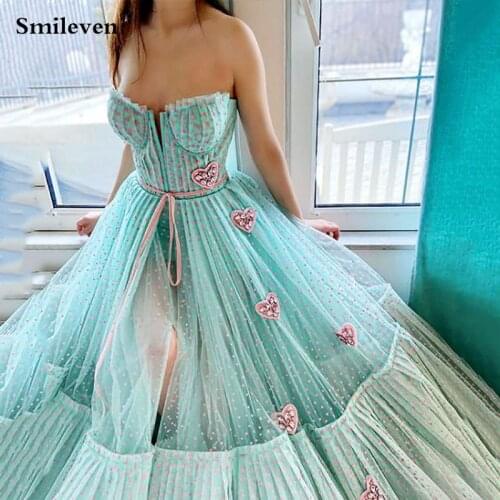 Smileven Mint Green Polka Dots Tulle Evening Dress Party Gowns Robe De Soiree Side Split Sweethear Neck Formal Prom Dresses