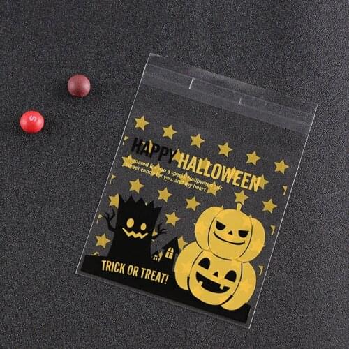 100PCS Cute Smiley Face Pumpkin Plastic Bag 10x10+3cm Self-Adhesive Biscuits Bags Halloween Party Favors Candy Wrapping Supplies