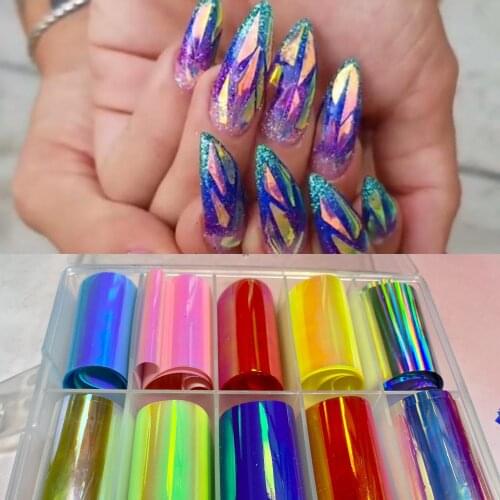 100X4cm/10 Rolls Glass Iridescent Unicorn Foil Nail Art Opal/ Rainbow Mirror Film Broken Glass Aurora Shattered Glass Nail Foil