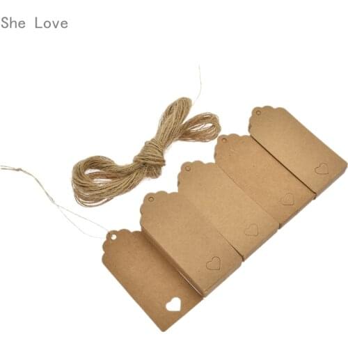 Chzimade 100pcs Hollow Heart Scalloped Kraft Paper Card Blank Tag Wedding Favour Gift Tag Label With 20M Rope