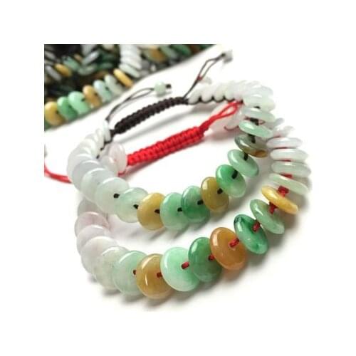 Donut Bracelet Natural Burma jadeite Green Grade A jade strand Jewelry Gift Hand weaving rope knit red braided rope