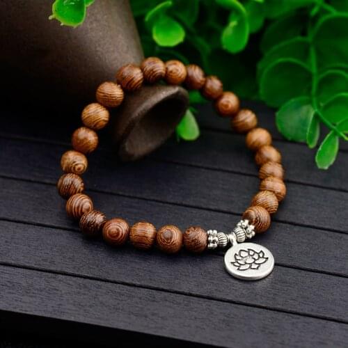 Ethnic Buddhism Lotus Pendant Bracelet Homme Womens Chakra Wood Beaded Bracelet Drop Shipping