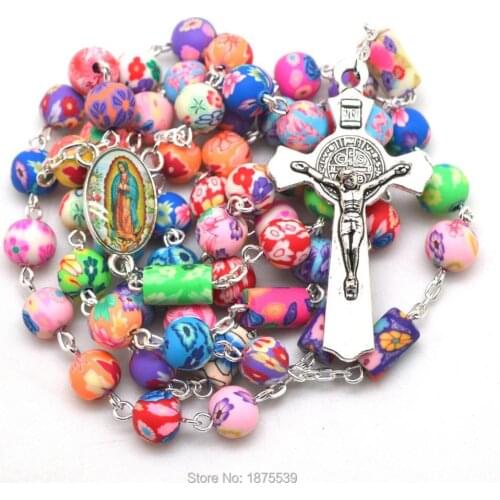 Colorful Our Lady of Guadalupe Rosary Necklace Father Bead Cylinder Polymer Bead