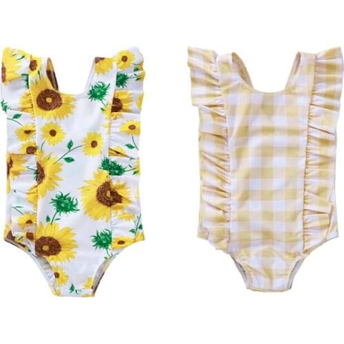 Pudcoco Rompers 0-5Years Toddler Baby Girl Clothing Summer Swimwear Off-the-Shoulder Sleeveless Floral Plaid Print Jumpsuit