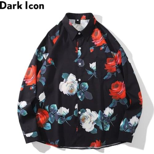 Dark Icon Floral Loose Mens Shirt Long Sleeve Autumn Oversized Shirt Man Black White