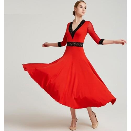 Sexy lace V neck standard ballroom dance dresses flamenco dress dance wear spanish costume ballroom waltz dress dancing clothes