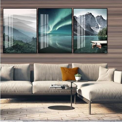 Scandinavian Travel Landscape Canvas Painting Mountain Boat Grass Nordic Poster Print Wall Art Picture Modern Living Room
