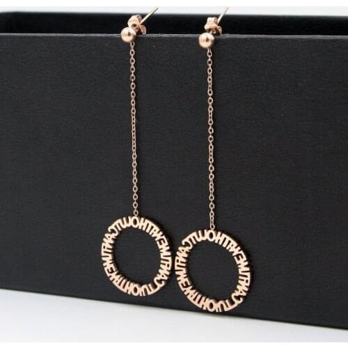 Titanium Steel rose gold color Hollow out Letter circle Good luck letter Card Coil long Earrings