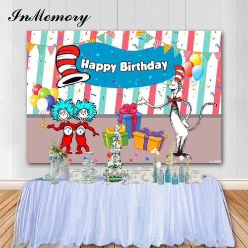 InMemory Childrens Birthday Party Photo Background Cat In The Hats Ribbon Balloons Dr Seuss Backdrop for Photography Studio