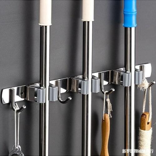 Bathroom Kitchen Stainless Steel Mop Clip Multi Function Mop Hook Without Punching Toilet Mop Storage Rack Hanger Clothes Hook