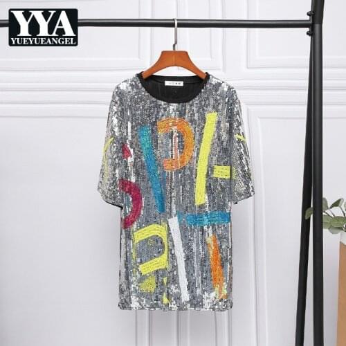 Hip Hop Style New Brand Fashion Letter Sequin Multiple Colour Women T-Shirt Pullover Short Sleeve Mid-Length Loose Tops Tees
