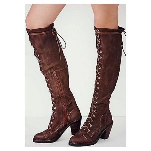 Chuassure female Autumn hot selling women shoes knee-high pointed -toe high chunky heels cross-tied women boots black brown