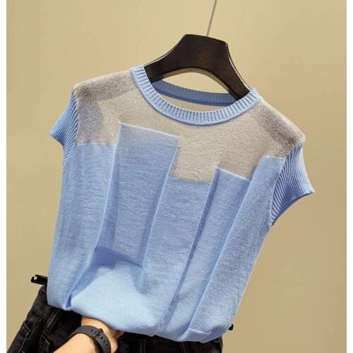 Korean patchwork Ice silk knitted sweater women o-neck short sleeve pullover fashion thin sweaters 2019 summer new arrival tops