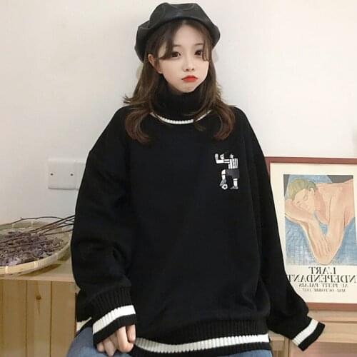 Zoki Winter Warm Embroidery Sweatshirt Women Loose Casual Thick Sweatshirt Black Print Clothes for Teens Korean Fashion New2021