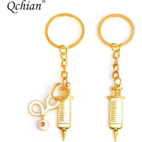2 Styles Syringe Stethoscope Keychain Metal Gold Medical Supplies Keyring Key Chain for Doctors Nurse Jewelry Graduation
