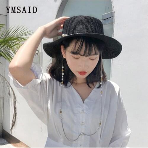 2020 fashion Summer Pearl chain Flat Sun Hats For Women Chapeau Feminino Straw Hat Panama Cappelli Beach Bucket Cap Girl Topee