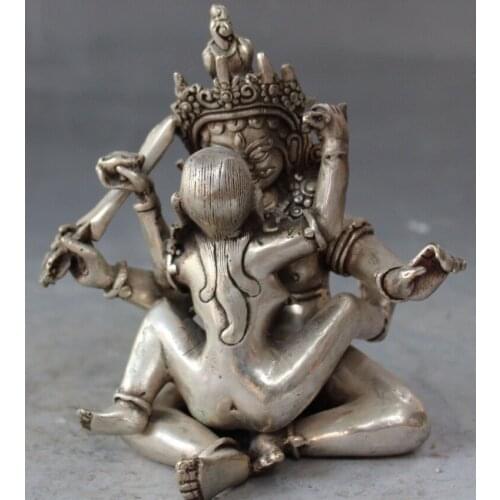 +++5" Tibet Buddhism Temple Silver God of Love Mandkesvara Yab-Yum Buddha Statue