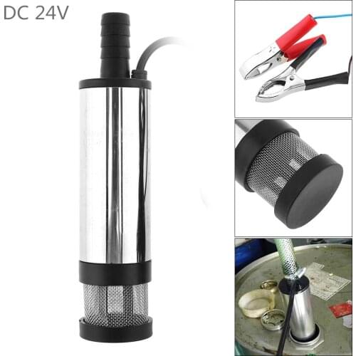 DC 24V 38MM Silver Portable Aluminum Alloy Car Electric Submersible Pump Fuel Water Oil Barrel Pump with 2 Alligator Clips NEW
