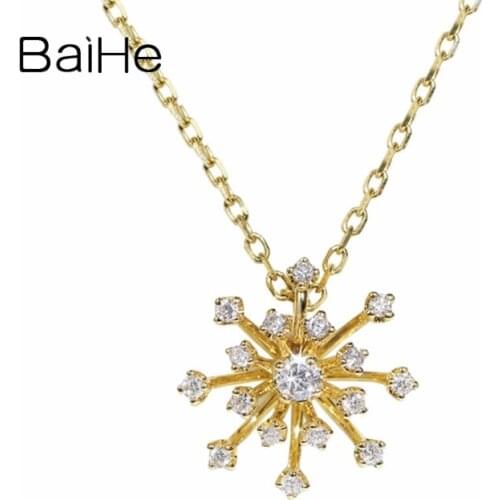 BAIHE Solid 18K Yellow Gold 0.11ct H/SI Natural Diamond Women Engagement Fine Jewelry Gift Beautiful flower diamond Necklaces