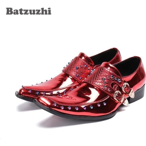 Batzuzhi Italy Brand Fashion Men Party Wedding Handmade Oxfords Rivets Men Leather Red Wedding Shoes Zapatos Hombre Size 46 US12