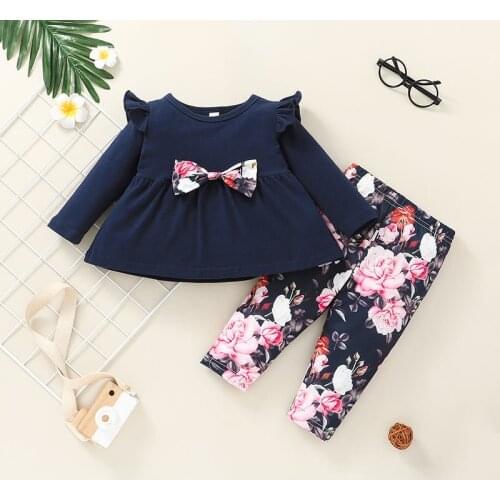 2021 Spring Autumn Baby Girls Clothes Outfits 0-24M Bow Top Floral Pants 2Pcs Outfits Toddler Girls Set Long Sleeve Fall Clothes