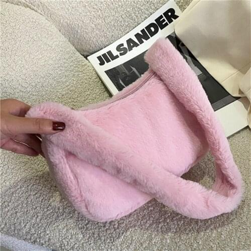 Soft Plush Women Baguette Small Clutch Purse Handbags Winter Fashion Ladies Hobos Shoulder Bags Faux Fur Female Underarm Bags