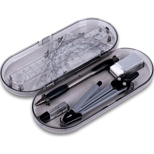 8pcs Set Plastic+metal Geometry Protractor Drawing School Eraser Compasses Set Math Eraser Ruler For Students High Quality