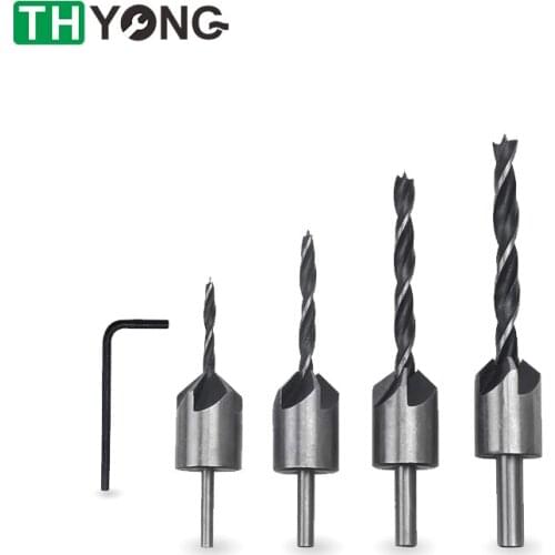 4Pcs HSS 5 Flute Countersink Drills 3 Tips Woodworking Chamfer Tool Hole Saw Countersunk head drilling Bit Set