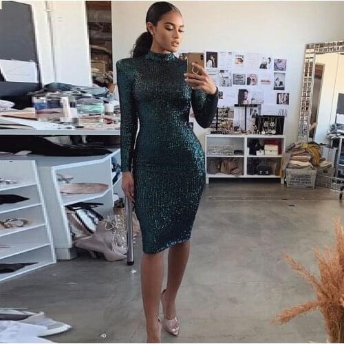 New Fashion Hot Selling Sexy Mature Long Sleeve Sequin Party Outfit Women Dress Clubbing Bodycon Vestido Wholesale Online