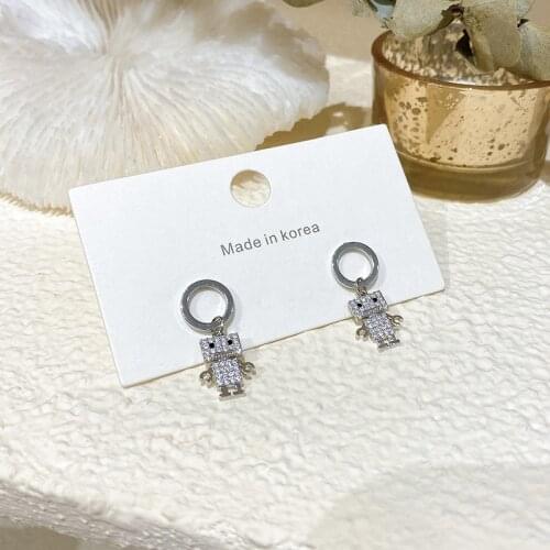 Origin Summer Korean Fashion Cute Robot Dangle Earrings for Women Girl Bling Bling Rhinestones Hollow Circle Earrings Jewelry