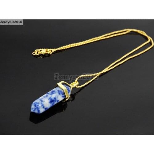 Natural Blue Spots Gems Stones Hexagonal Pointed Healing Reiki Chakra Pendant Beads Gold 17'' Chain Necklace 5 Sets/Pack