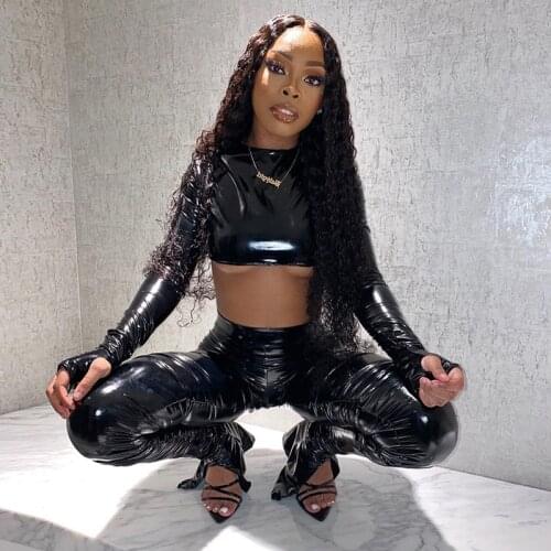Sexy Black PU Leather Two Piece Set Women 2021 Vintage Crop Top + Slit Hem Flare Stacked Pants Club Party 2 Piece Set Outfits
