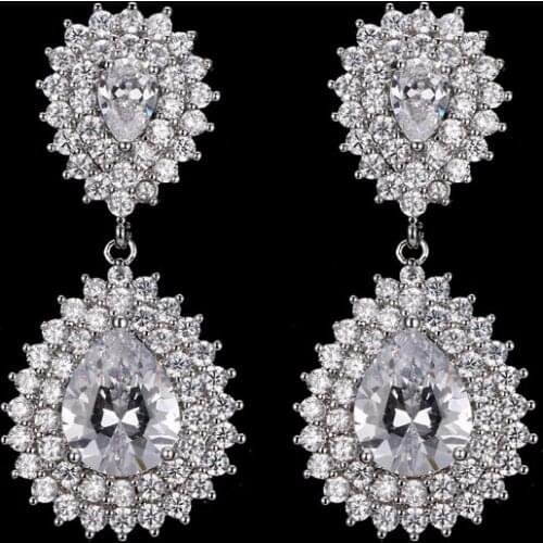 KSRA Luxury Crystal Cluster Drop Zircon Earrings For Women Elegant Wedding Bride Fashion Earrings Jewelry Bridesmaid Accessories