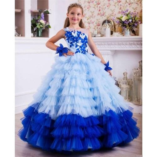 Girls Blue Puffy Princess Ball Gowns Blue Lace Applique Ruffle Tiered Girls Pageant Gowns Celebrity Birthday Dress Custom