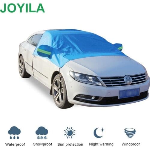 Windproof Waterproof Snowproof Half Car Cover UV Protective Night Warning with Rearview Mirror Protector for Most Car