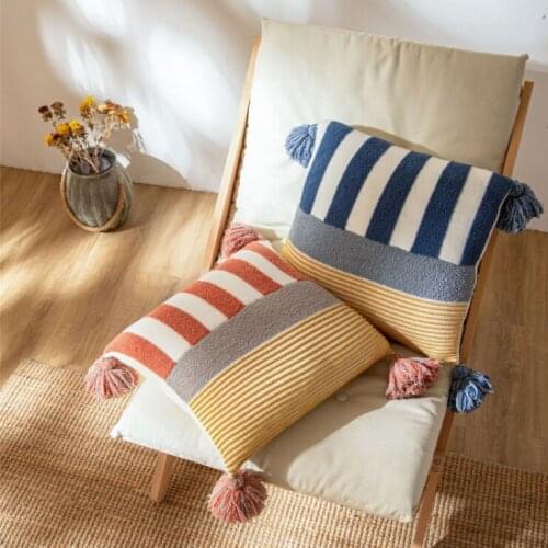 Knitted Embroidery Cushion Cover Orange Blue Stripe Pillow Cover with Tassels Home Sofa Bed Living Room 45x45cm Pillowcase