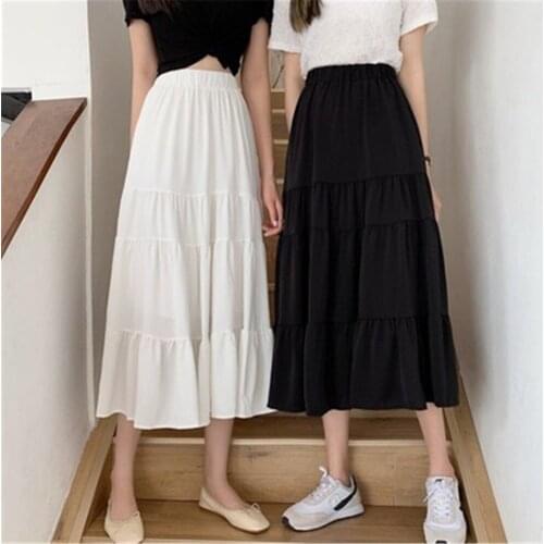 Fashion Spring Summer Women Chiffon Skirts Vintage High Waist Elastic Patchwork White Black Long Cake A-line Skirt for Student