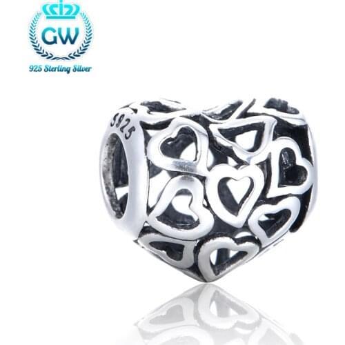2Pcs/Lot Silver 925 Jewelry Openwork Heart Charm Tibetan Beads Bracelet Pendant Necklaces GW Brand Jewellery T022A