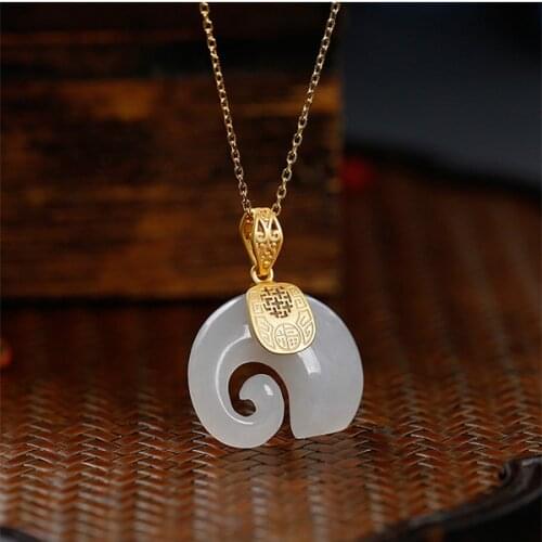Vintage White Artificial Jade Elephant Pendant Metal Chain Necklace for Women Chinese Style Elegant Jewelry Gifts