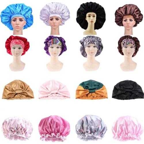 Women Night Sleep Hat Silk Head Wrap Shower Cap Bathroom Accessories Adjust Solid Satin Bonnet Hair Styling Cap Hair Care