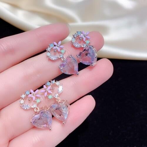 New Cute Sweet Heart Zircon Flower Circle Stud Earrings For Women Fashion Delicate Micro Paved Pendientes Jewelry