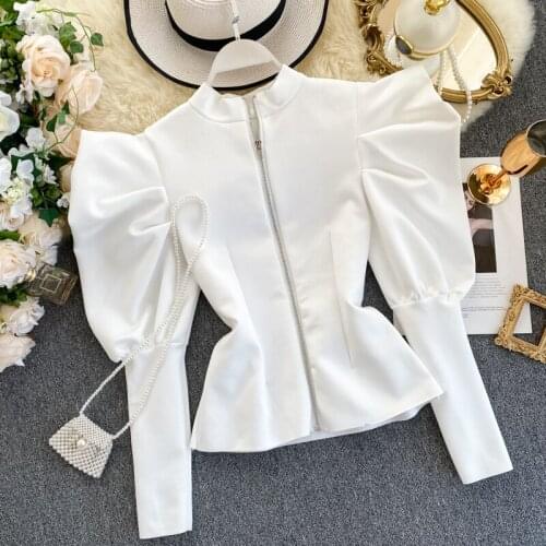 Womens Retro Top Puff Sleeve Temperament Stand Collar Zipper Before After Wearing Fashionable Wild Spring Autumn Blouse ML638