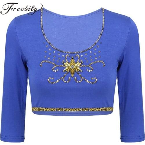 Belly Dance Sequins Beads Crop Tops Practice Casual Clothes New Female Elegant 3/4 Sleeve T-Shirt Women Performance Costume 2020
