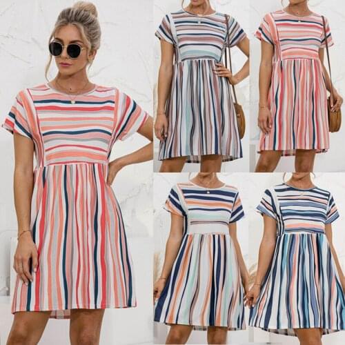 New Arrival Spring Hot Striped Dress O-Neck Short Sleeve A-Line Mini Dresses Woman Summer 2021 Patchwork Vestidos Mujer Casual